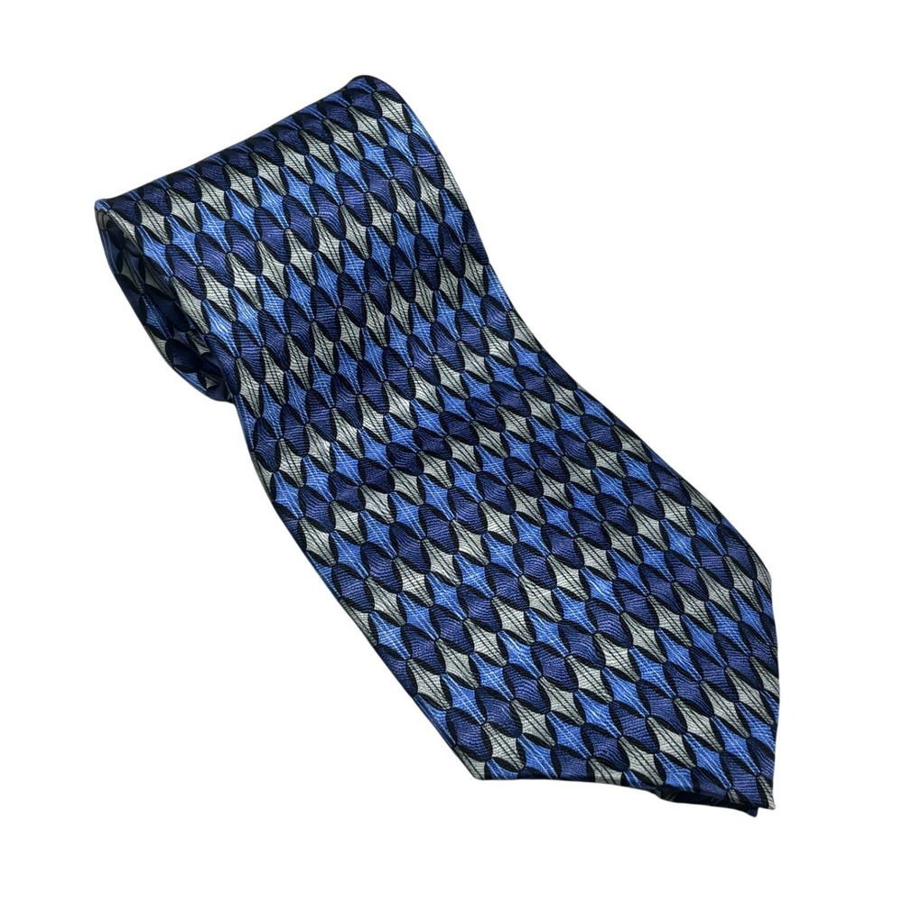 Louis Roth Silk Tie Mens OS Blue Silver‎ Geometric Diamond Hand Made Vintage